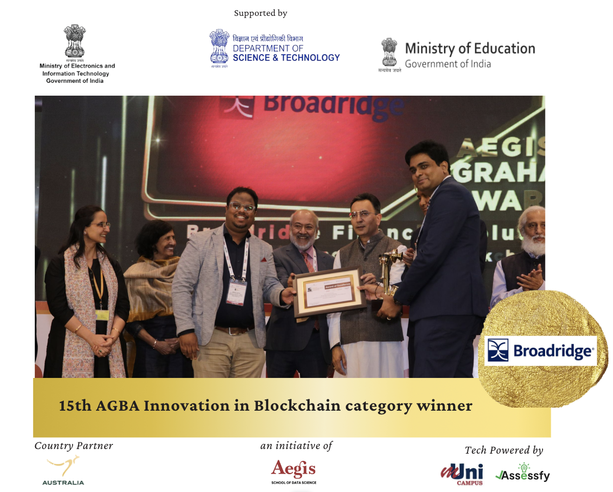 Broadridge receiving the Aegis Graham Bell Award for Innovation in Blockchain category from Hon’ble Minister Shri Jitin Prasada, Minister of State for MeitY and Commerce.